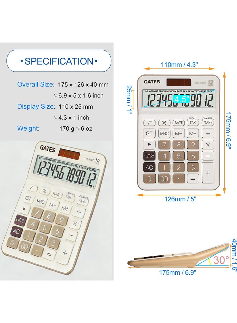 Gates Office Calculator Desktop, Colorful Desktop 12-Digit Calculator with Bright LCD Display - Dual Power  (Solar &Battery) Anti-Slip Design for Financial Accounting Business Use, Office, and High School - Image 3